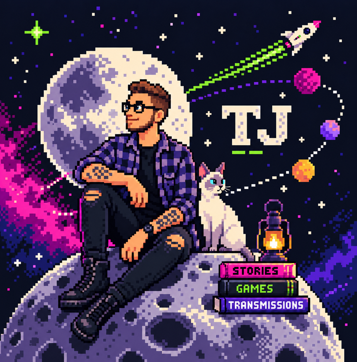 Illustrated portrait of TJ Hayes in a plaid shirt, with a cat on a stack of books, a UFO and planets behind him