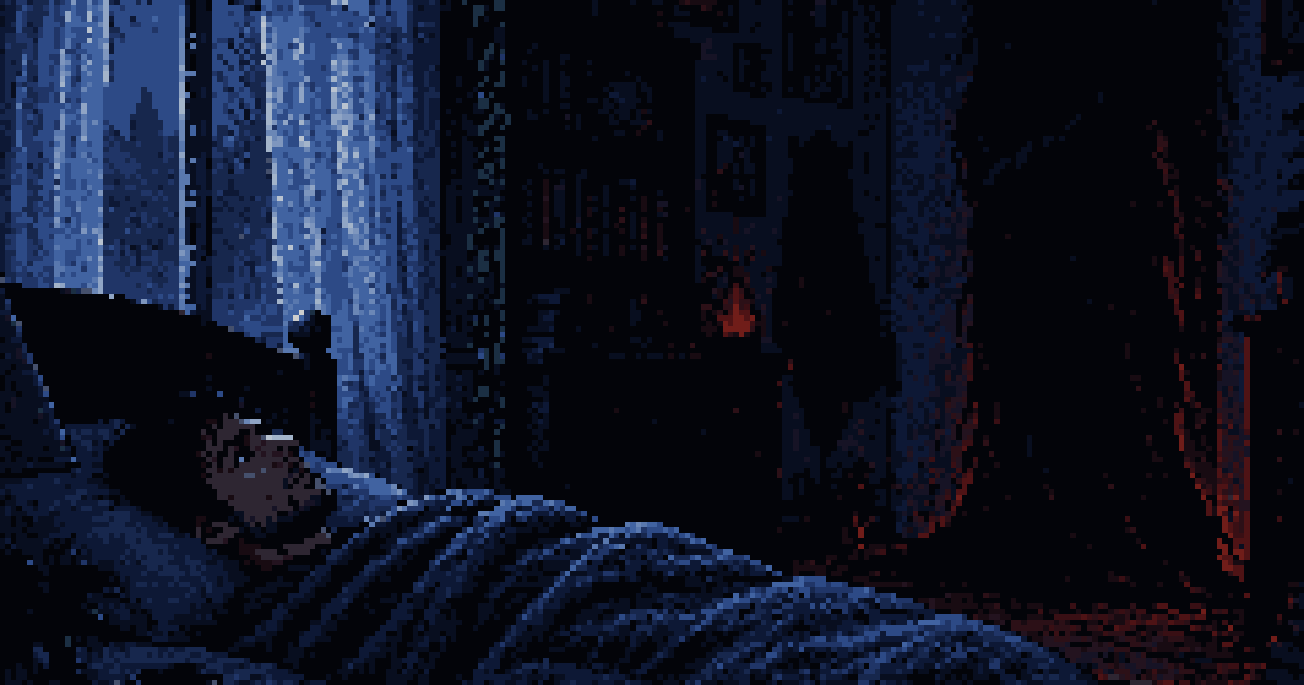Pixel art: a man lies awake in bed while a shadowy figure lurks in the room