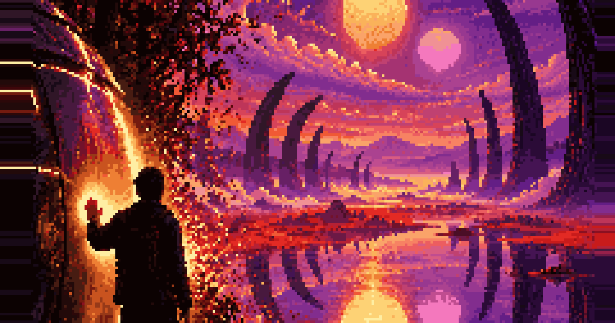 Pixel art: a man presses his hand to a glowing portal onto an alien world