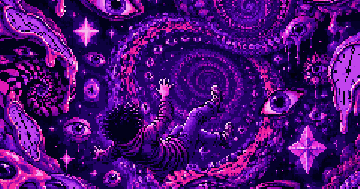 Pixel art: a figure tumbles through a psychedelic purple spiral of eyes