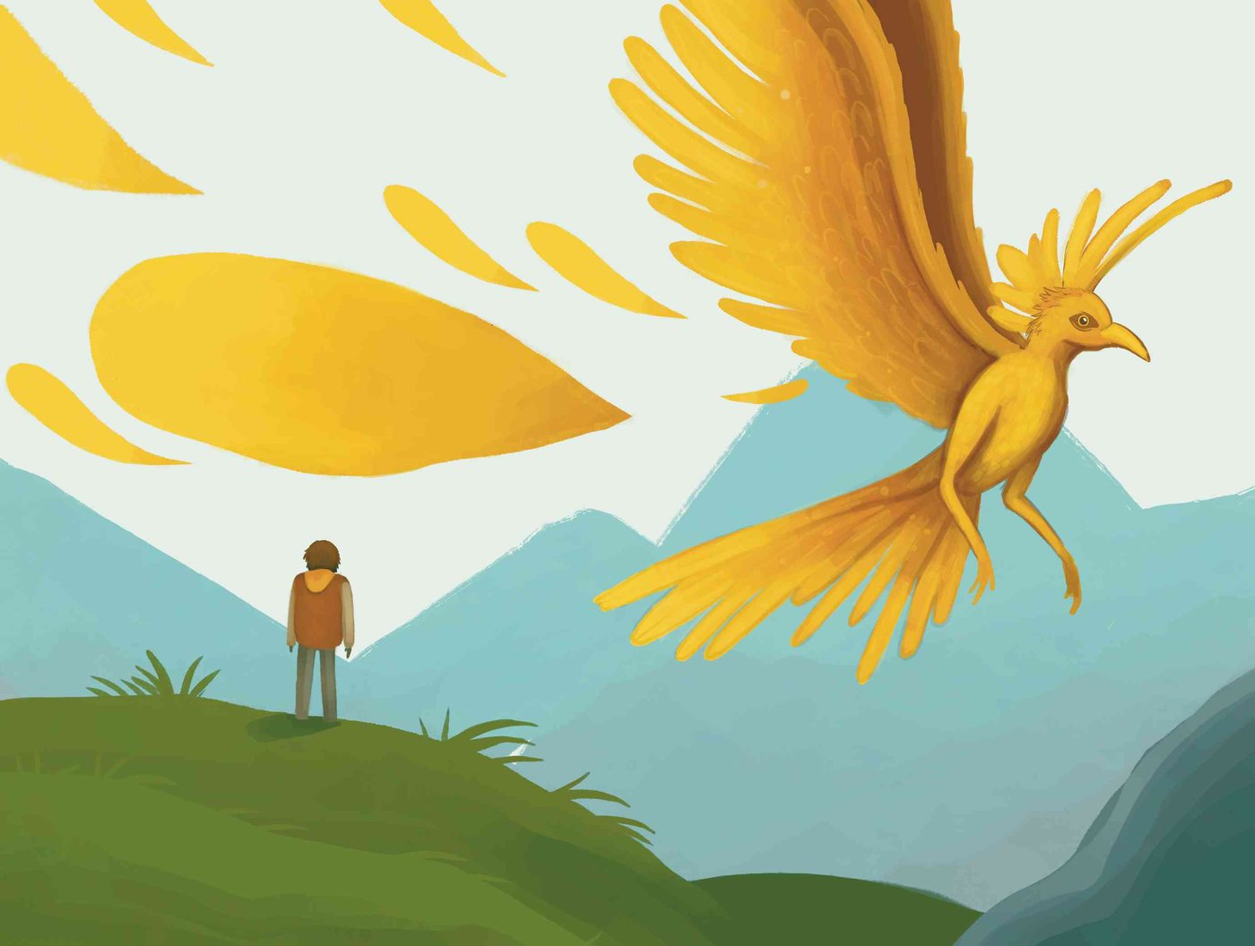 The Hawkburr, a golden winged creature, sweeps over green hills while a small explorer watches