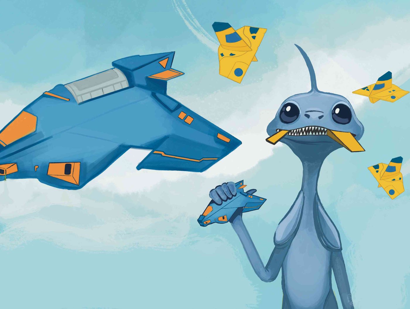Illustration from The Galactic Zoo: the Tallanoid, a grinning blue alien, holds a toy spaceship while yellow ships fly past
