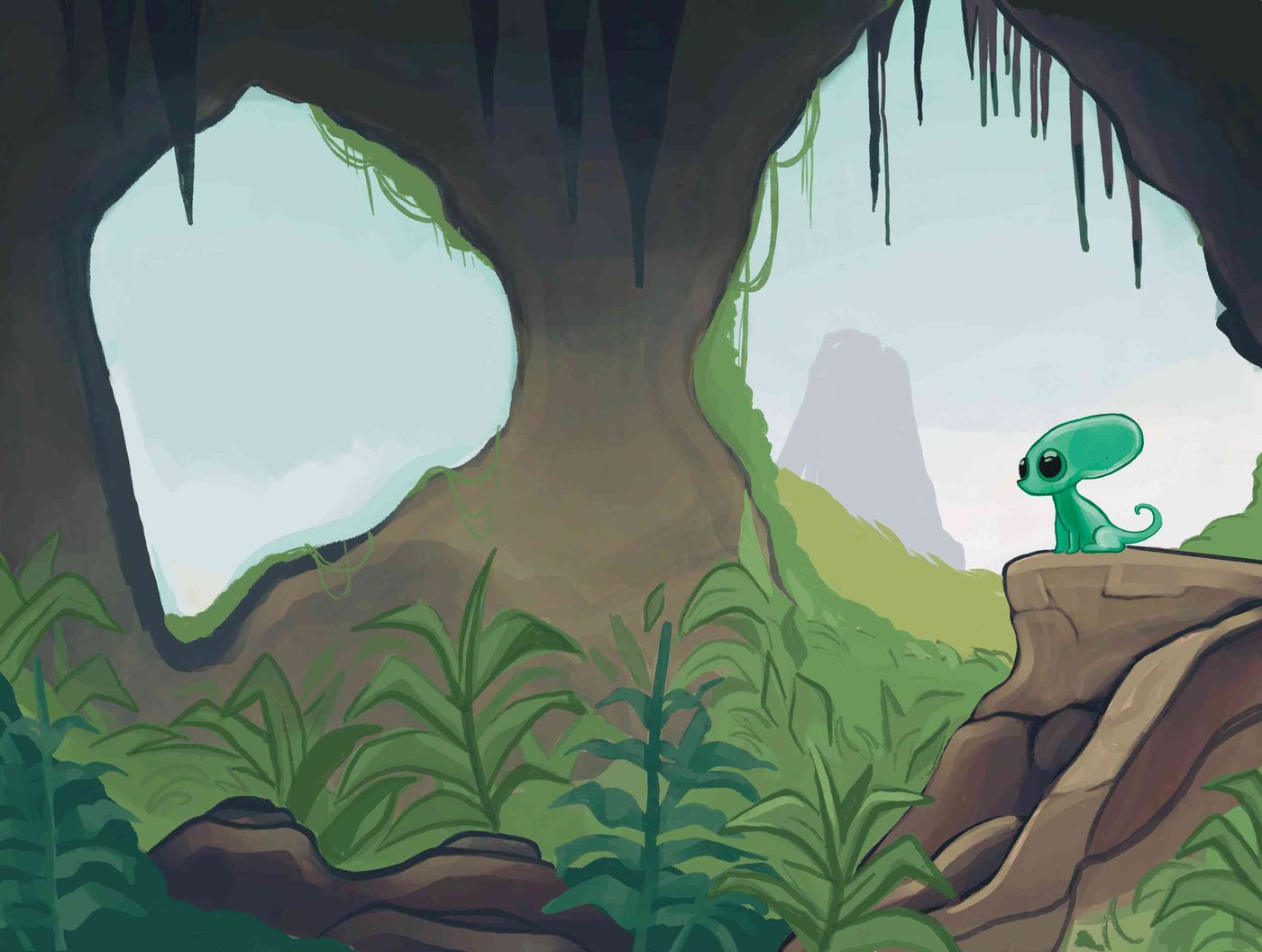 The Schmerkle, a small green creature, sits on a ledge in a misty jungle cave