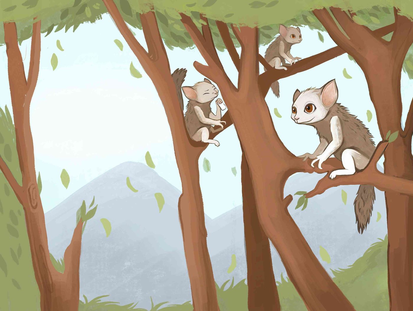 Big-eyed Binglybongs climb the trees of an alien forest