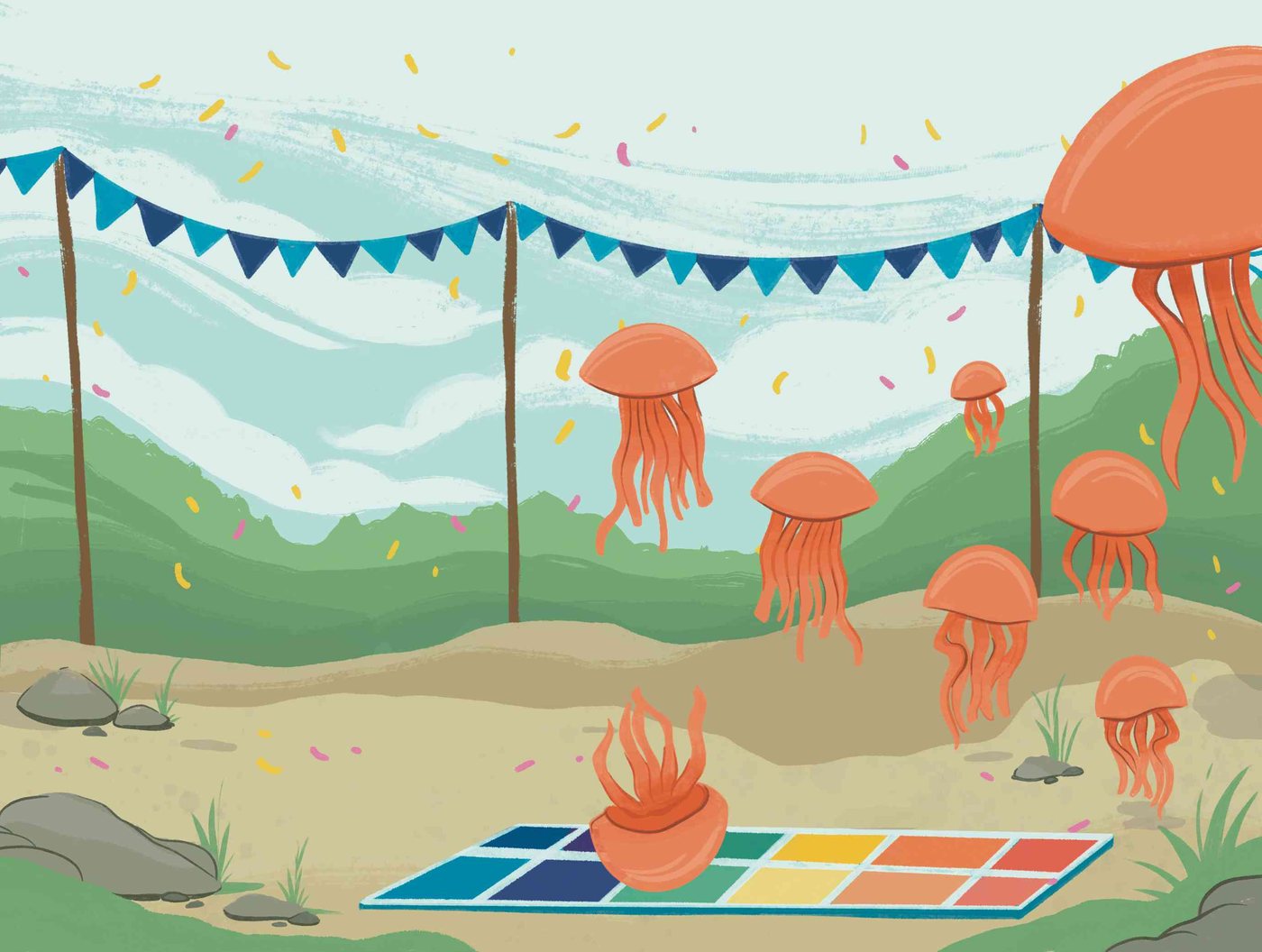 A herd of orange Millibeasts float above a beach decorated with bunting