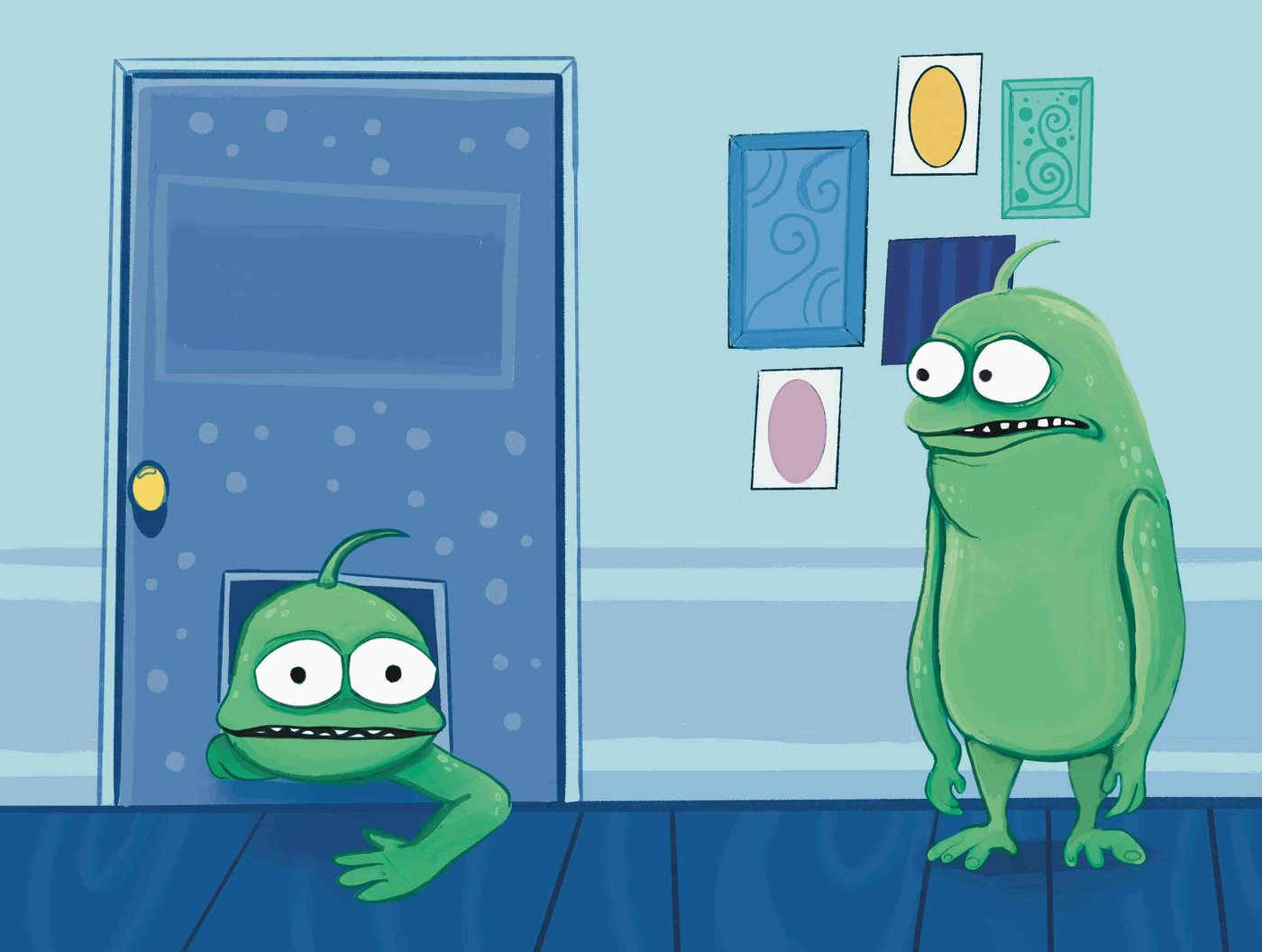 Two goggle-eyed green Grumblesaurs, one stuck in a cat flap