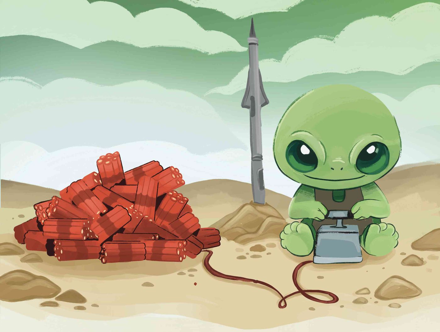 The big green thing, a cheerful little green alien, sits with a detonator beside a pile of dynamite