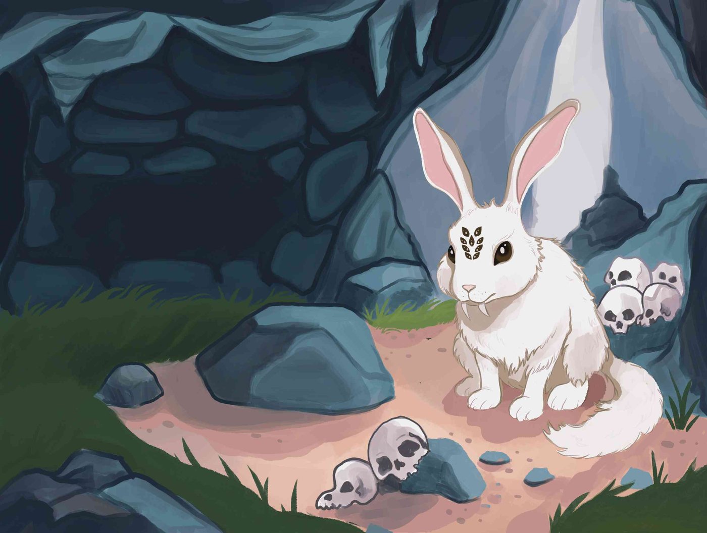 A white rabbit with strange markings sits in a dark cave scattered with skulls