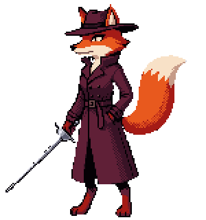 Pixel art: a fox in a long coat and wide-brimmed hat, sword lowered, tail swishing