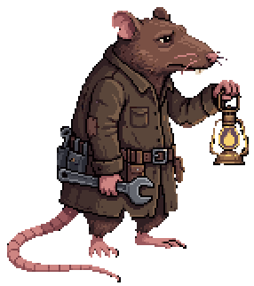 Pixel art: a rat in a maintenance coat holds up a flickering lantern