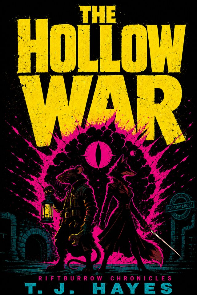 Cover of The Hollow War by T. J. Hayes: a rat with a lantern and a fox with a sword beneath a glowing pink eye