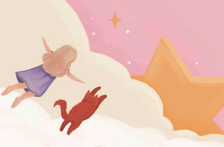 Illustration from Positivity Planet: a girl and her cat flying towards a giant star