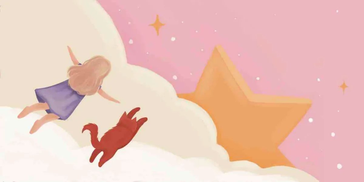 Illustration from Positivity Planet: a girl and her cat flying towards a giant star