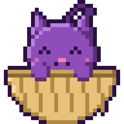 A pixel purple cat peeking out of a basket