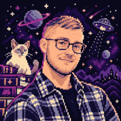 Animated pixel art portrait of TJ Hayes in glasses and a plaid shirt, blinking, with a cat on a stack of books and a UFO behind him Animated pixel art portrait of TJ Hayes in glasses and a plaid shirt, blinking, with a cat on a stack of books and a UFO behind him