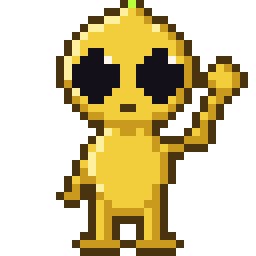 A pixel yellow alien waving