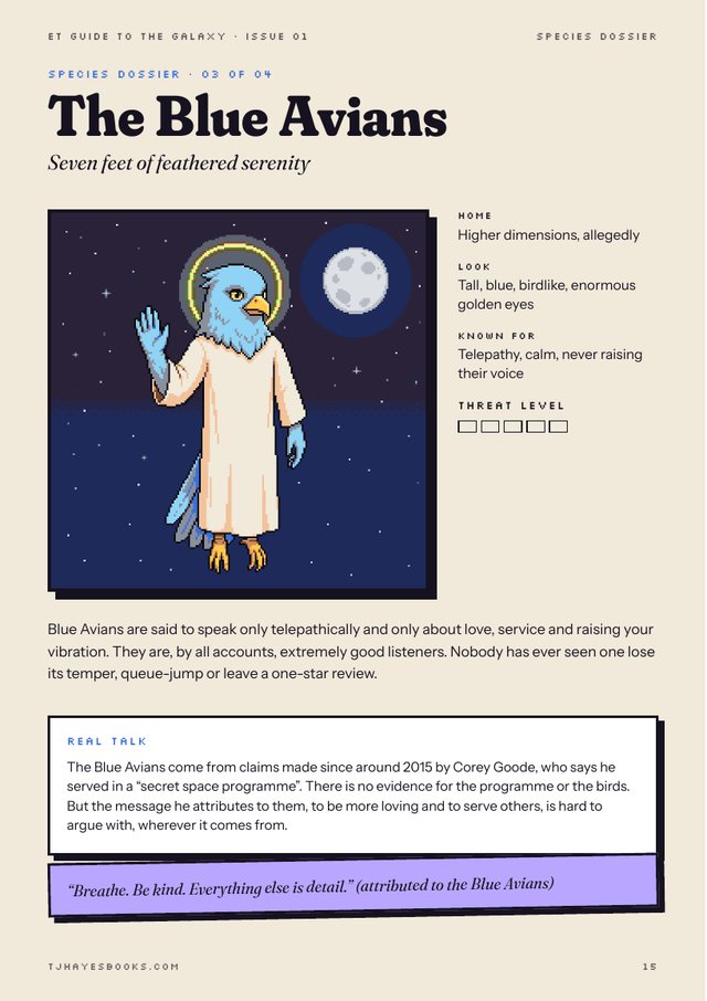 Zine page: a calm blue bird-person with golden eyes and a halo