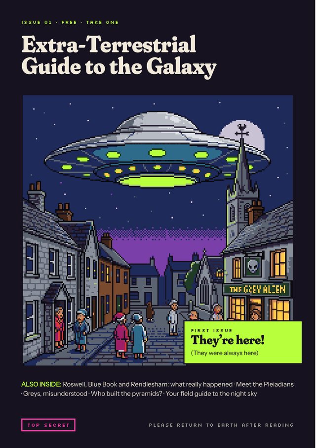 Pixel art cover of issue 01: a flying saucer hovering over a village street at night
