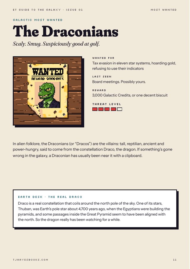 Zine page: a wanted poster for a smug green Draconian