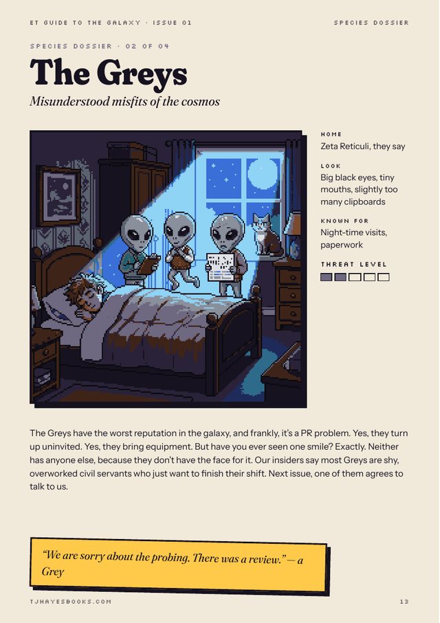 Zine page: three Greys with clipboards visiting a sleeping human