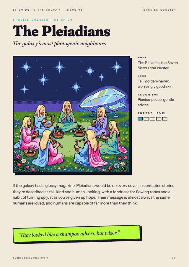 Zine page: Pleiadians having a picnic beside a crystal spaceship