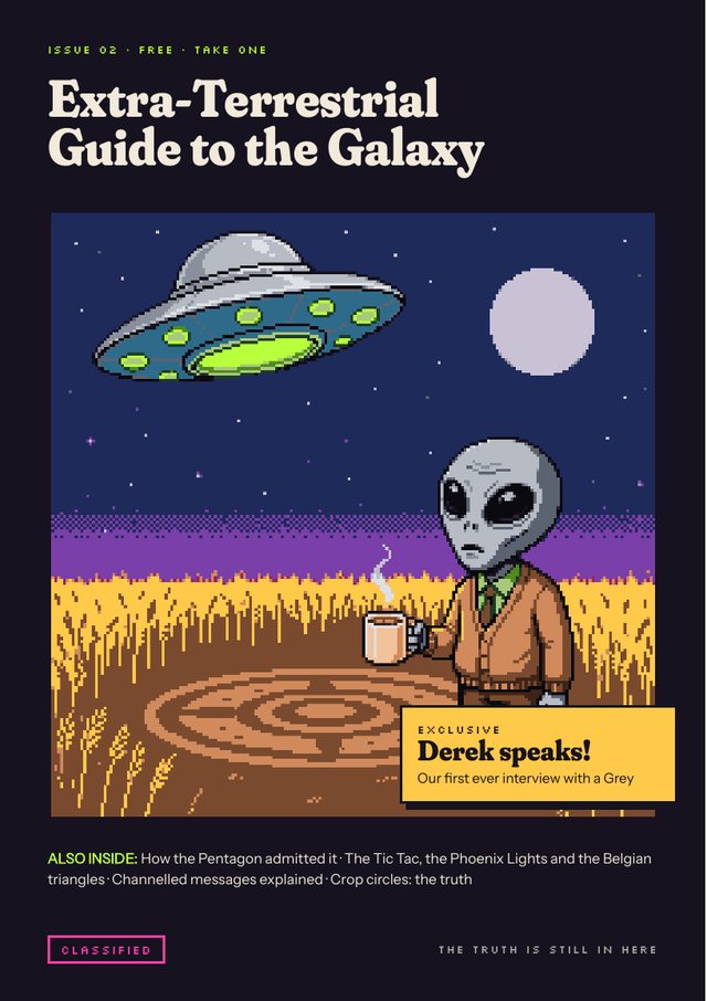 Pixel art cover of issue 02: Derek the Grey with a mug of tea in a crop circle under a flying saucer