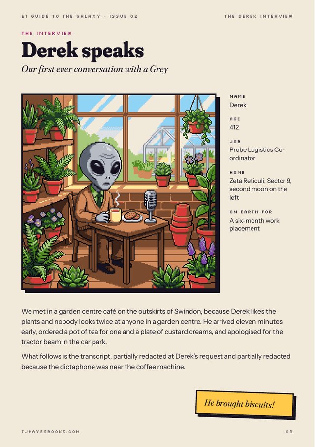 Zine page: Derek the Grey in a garden centre café with tea and biscuits