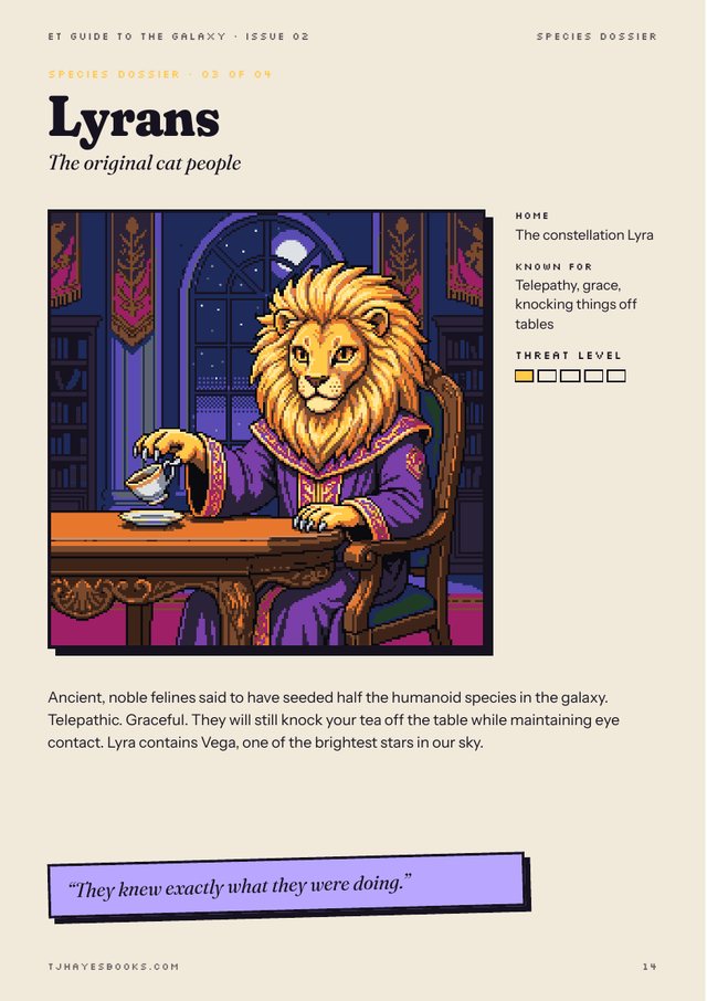 Zine page: a regal lion-faced Lyran nudging a teacup off a table