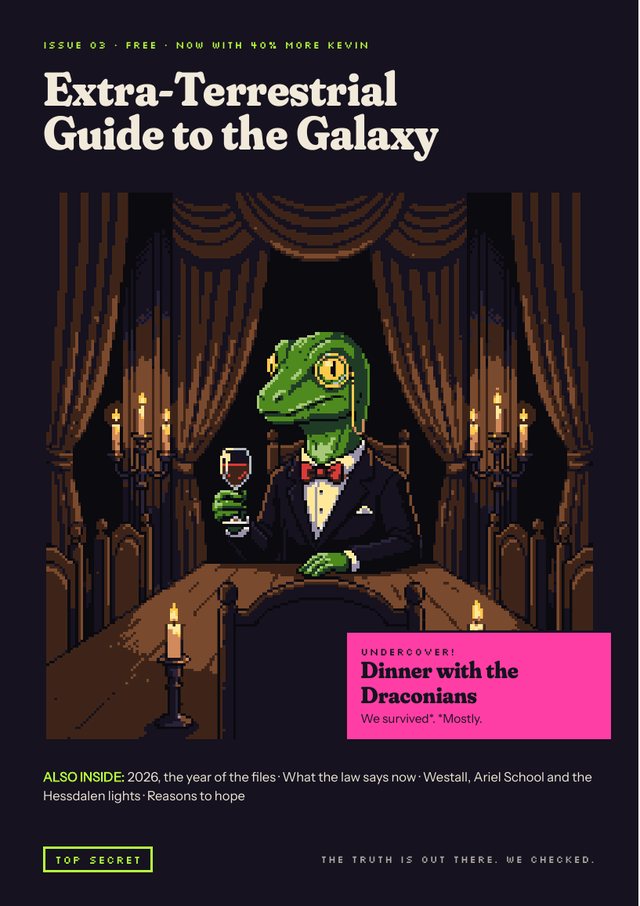 Pixel art cover of issue 03: a reptilian Draconian in a tuxedo and monocle at a candlelit dinner table