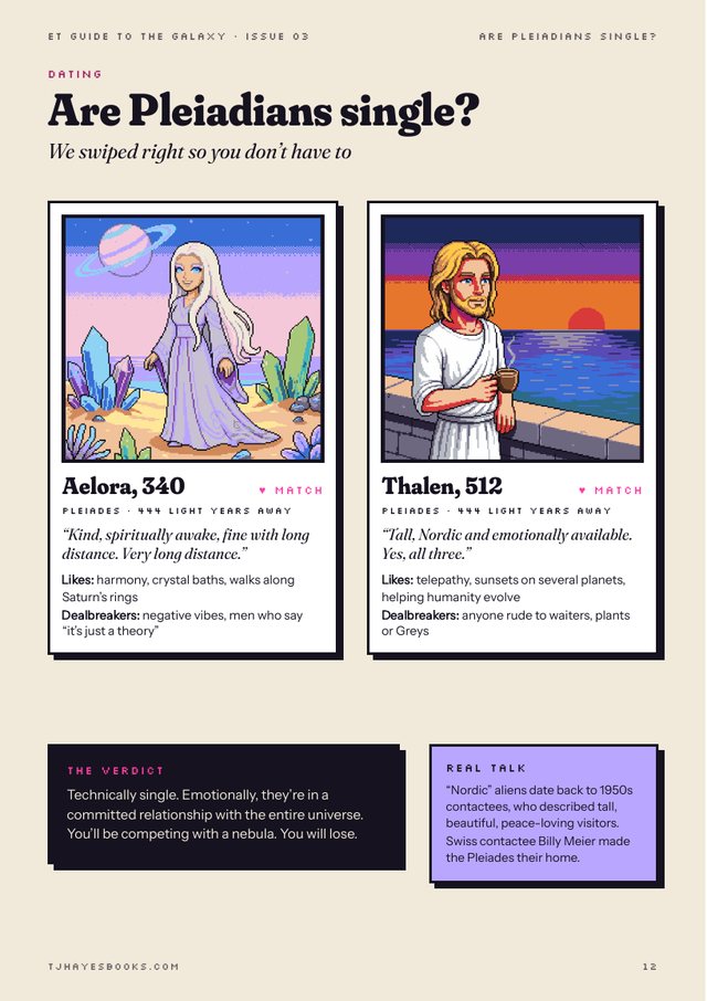 Zine page: two Pleiadian dating profiles in pixel art