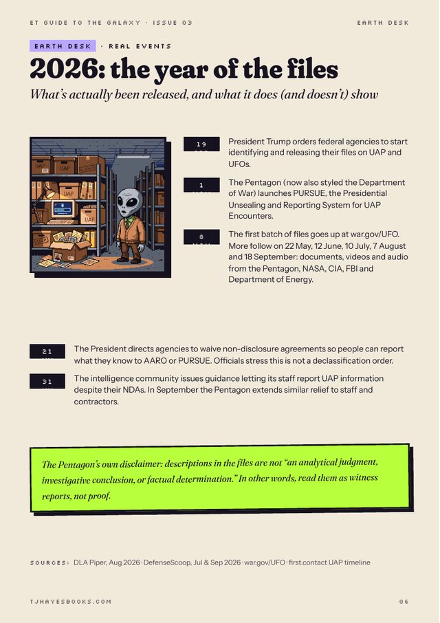 Zine page: an Earth Desk timeline of the 2026 Pentagon UFO file releases