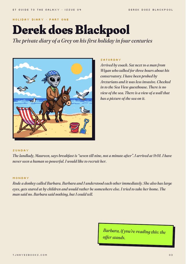 Zine page: Derek the Grey riding a donkey on Blackpool beach, from his holiday diary