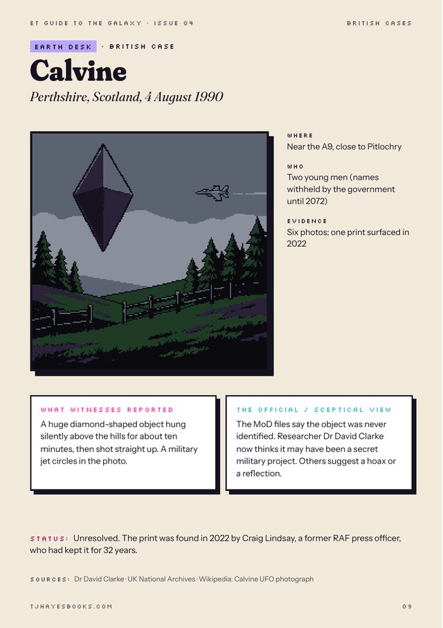 Zine page: the 1990 Calvine case, a diamond-shaped object over the Scottish hills