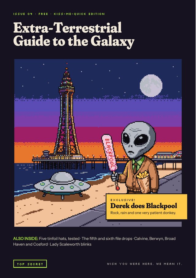 Pixel art cover of issue 04: Derek the Grey with a stick of rock and chips on Blackpool promenade at sunset, the Tower behind him
