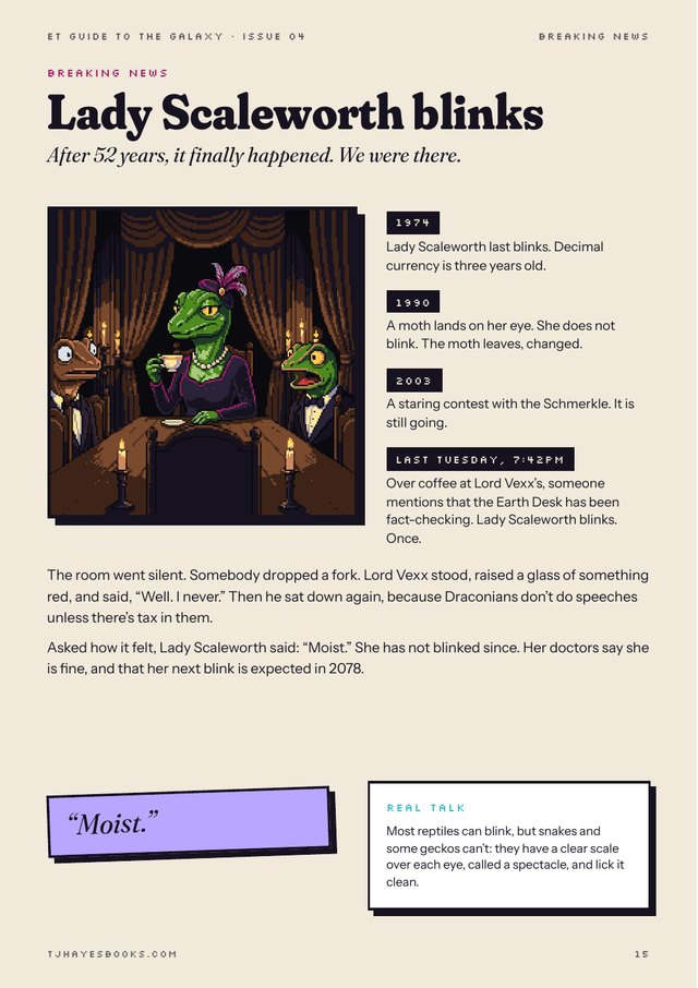 Zine page: a Draconian lady in pearls at a candlelit table, mid-blink