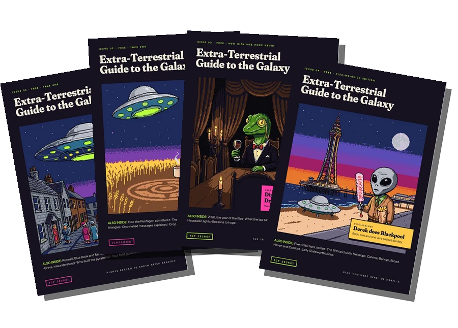 Pixel art covers of issues 01 to 04 of The Extra-Terrestrial Guide to the Galaxy zine, fanned out